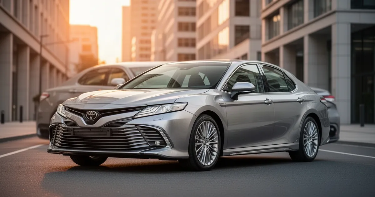 Srebrna Toyota Camry zaparkowana na nowoczesnej ulicy w blasku zachodzącego słońca.
