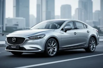 Srebrna Mazda 6 zaparkowana na nowoczesnej drodze asfaltowej na tle rozmytego krajobrazu miejskiego.