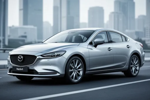 Srebrna Mazda 6 zaparkowana na nowoczesnej drodze asfaltowej na tle rozmytego krajobrazu miejskiego.