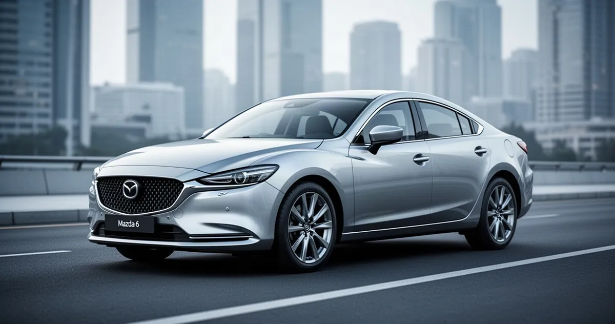 Srebrna Mazda 6 zaparkowana na nowoczesnej drodze asfaltowej na tle rozmytego krajobrazu miejskiego.
