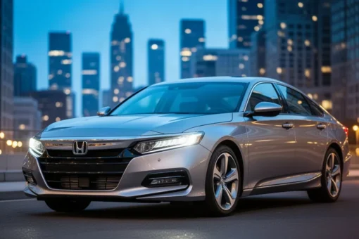 Srebrna Honda Accord X zaparkowana na nowoczesnej ulicy o zmierzchu z włączonymi światłami i rozmytym tłem miasta.