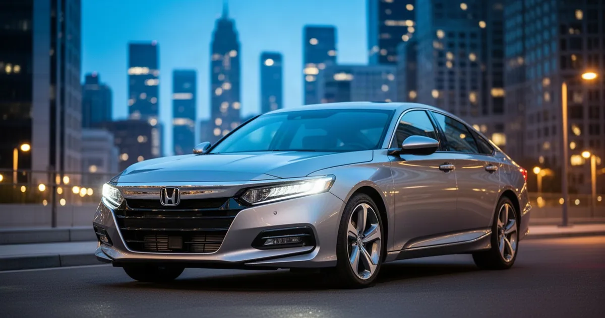 Srebrna Honda Accord X zaparkowana na nowoczesnej ulicy o zmierzchu z włączonymi światłami i rozmytym tłem miasta.