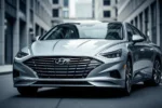 Srebrny Hyundai Sonata VIII zaparkowany na nowoczesnej ulicy z rozmytą architekturą w tle.