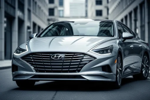 Srebrny Hyundai Sonata VIII zaparkowany na nowoczesnej ulicy z rozmytą architekturą w tle.