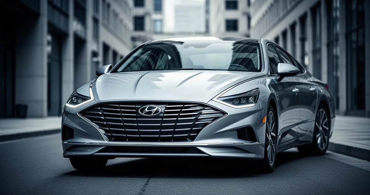 Srebrny Hyundai Sonata VIII zaparkowany na nowoczesnej ulicy z rozmytą architekturą w tle.