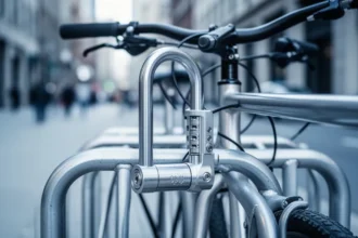 Solidne zapięcie typu U-lock zabezpieczające ramę nowoczesnego roweru przypiętego do metalowego stojaka w przestrzeni miejski