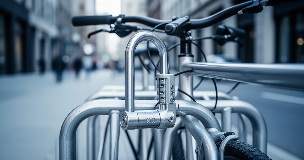 Solidne zapięcie typu U-lock zabezpieczające ramę nowoczesnego roweru przypiętego do metalowego stojaka w przestrzeni miejski