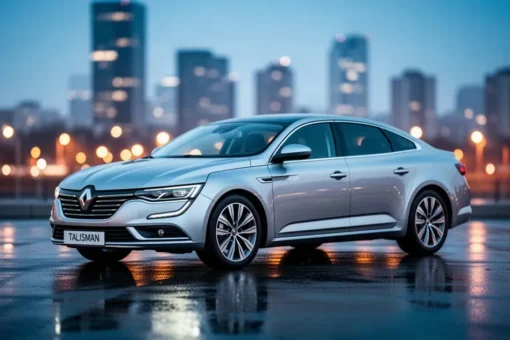 Srebrny Renault Talisman zaparkowany na asfaltowej nawierzchni na tle rozmytego miejskiego krajobrazu o zmierzchu.