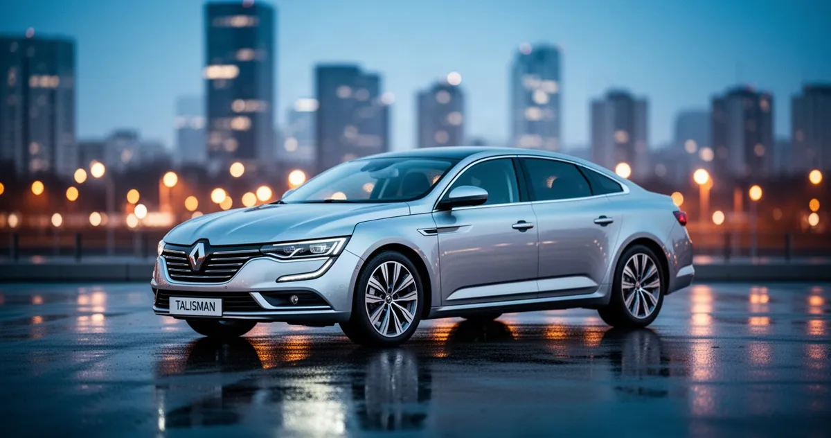 Srebrny Renault Talisman zaparkowany na asfaltowej nawierzchni na tle rozmytego miejskiego krajobrazu o zmierzchu.