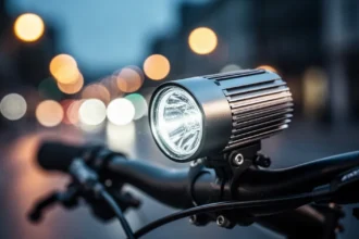 Nowoczesna, metalowa lampka rowerowa zamontowana na kierownicy na tle rozmytych świateł nocnego miasta.