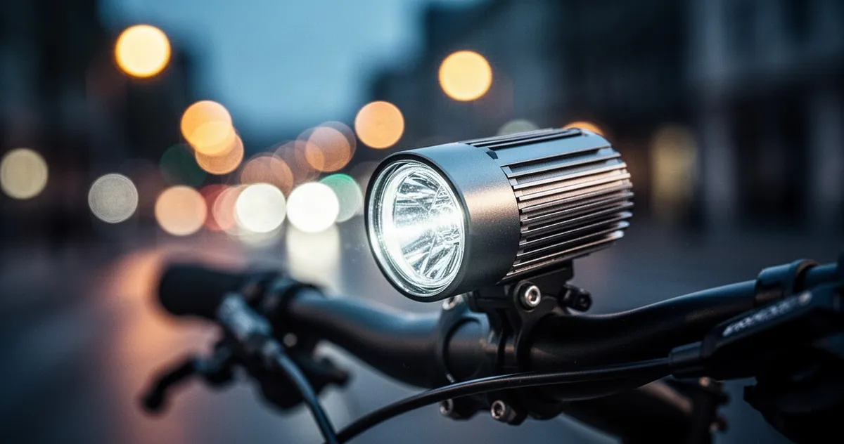 Nowoczesna, metalowa lampka rowerowa zamontowana na kierownicy na tle rozmytych świateł nocnego miasta.