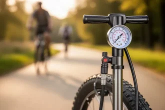 Wysokiej jakości pompka rowerowa z wyraźnym analogowym manometrem na tle rozmytej, słonecznej ścieżki rowerowej.
