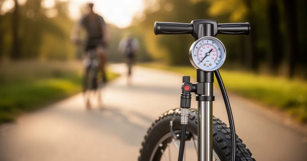 Wysokiej jakości pompka rowerowa z wyraźnym analogowym manometrem na tle rozmytej, słonecznej ścieżki rowerowej.
