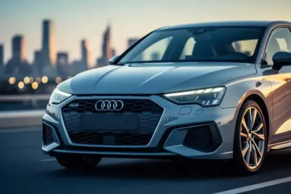 Srebrne Audi A3 8Y z charakterystycznymi reflektorami LED i przednim grillem na tle nowoczesnego miasta o zachodzie słońca.