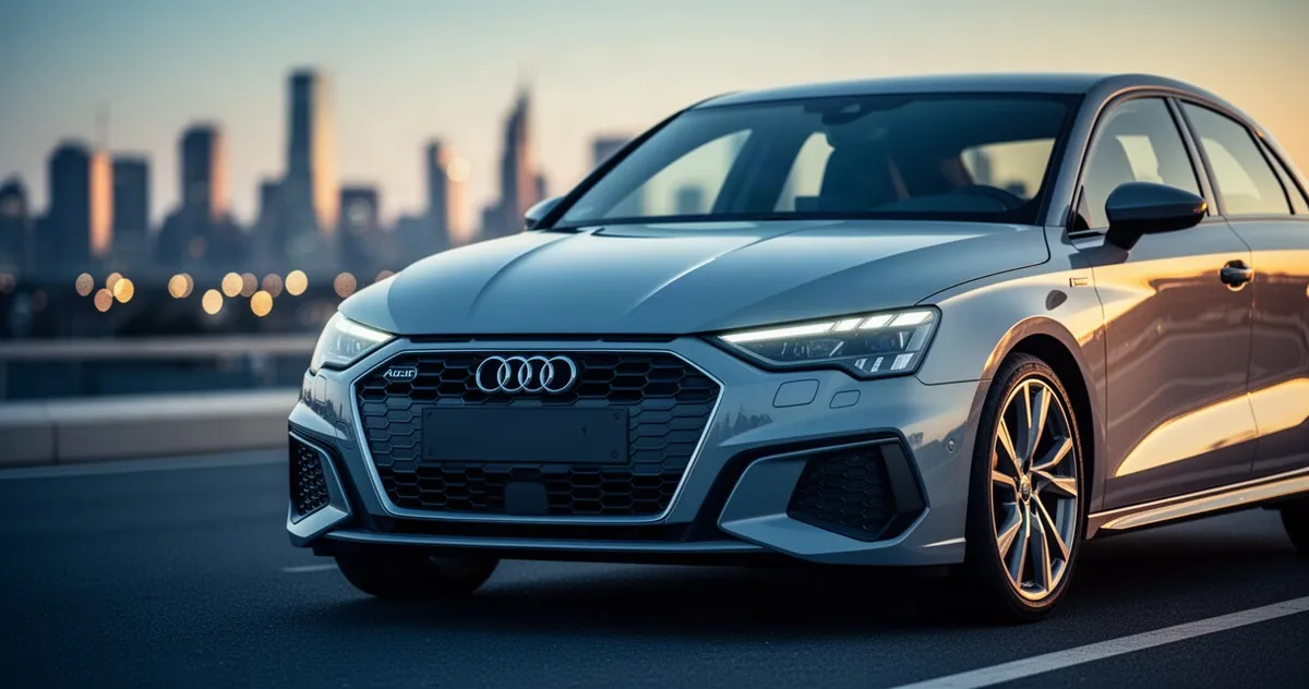 Srebrne Audi A3 8Y z charakterystycznymi reflektorami LED i przednim grillem na tle nowoczesnego miasta o zachodzie słońca.