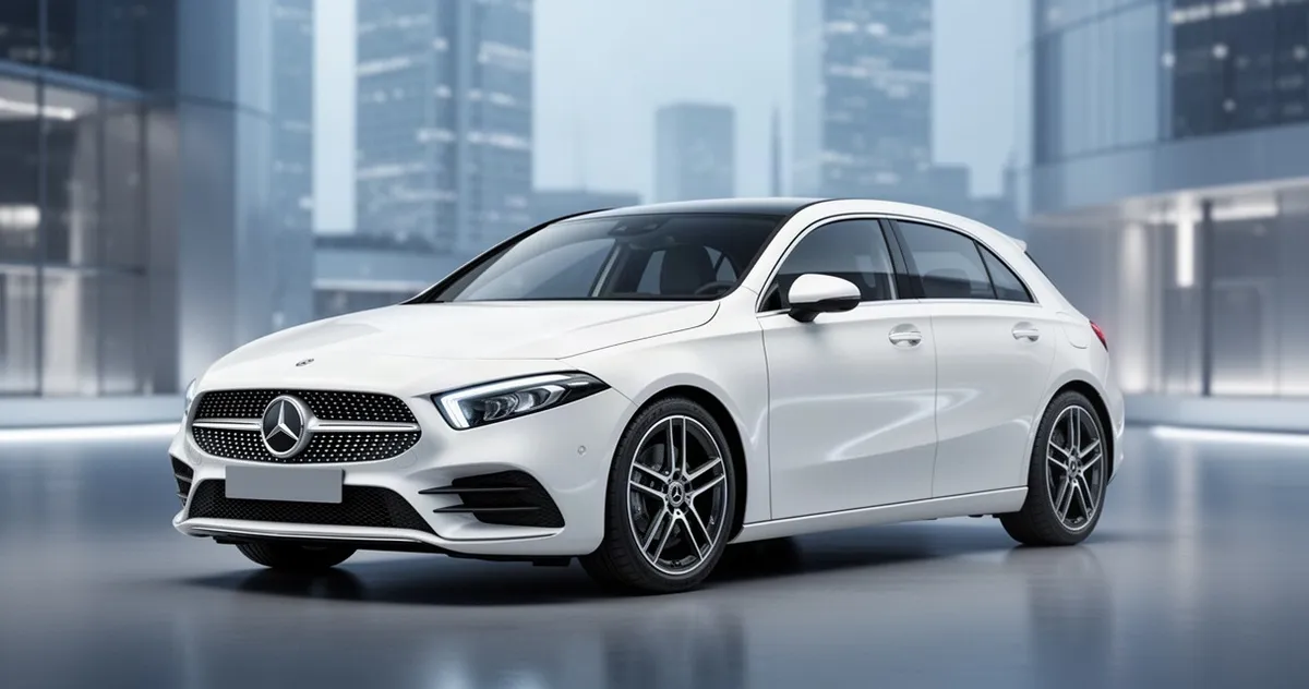 Biały Mercedes A-Klasa W177 w nowoczesnym studiu na tle rozmytej architektury miejskiej, ujęcie z przodu pod kątem.