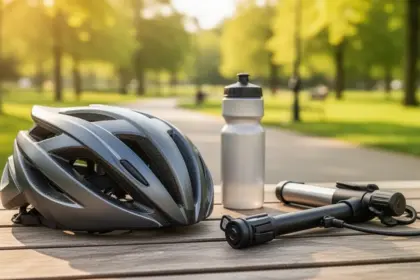 Kask rowerowy, bidon i kompaktowa pompka leżące na drewnianym stole na tle słonecznej alejki w parku.