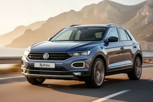 Nowoczesny Volkswagen T-Roc jadący nadmorską drogą w świetle słonecznym, widok na dynamiczny przód samochodu.