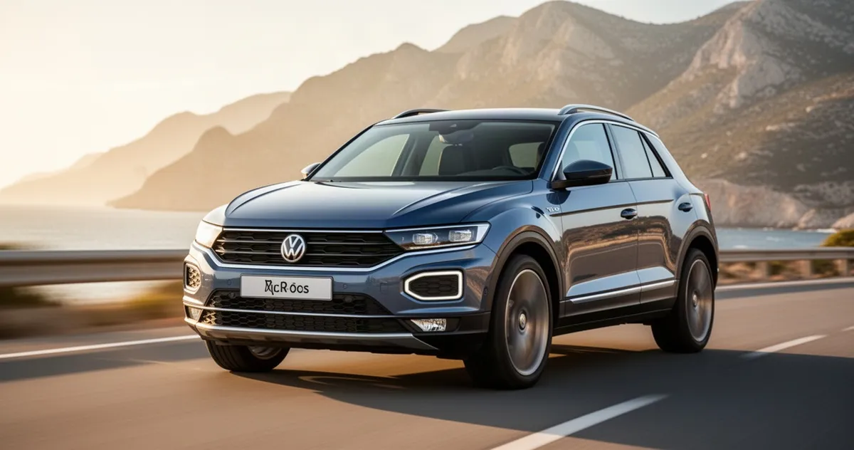Nowoczesny Volkswagen T-Roc jadący nadmorską drogą w świetle słonecznym, widok na dynamiczny przód samochodu.