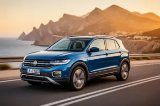 Nowoczesny Volkswagen T-Cross jadący malowniczą nadmorską trasą w blasku zachodzącego słońca.