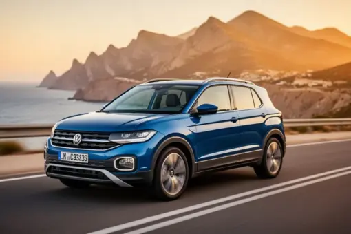 Nowoczesny Volkswagen T-Cross jadący malowniczą nadmorską trasą w blasku zachodzącego słońca.