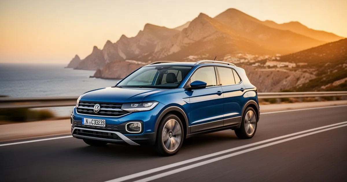 Nowoczesny Volkswagen T-Cross jadący malowniczą nadmorską trasą w blasku zachodzącego słońca.