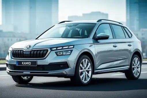 Srebrna Skoda Kamiq zaparkowana na asfaltowej drodze na tle rozmytego krajobrazu miejskiego.