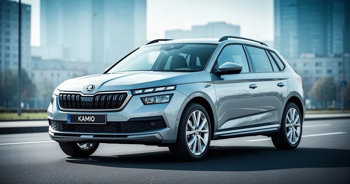 Srebrna Skoda Kamiq zaparkowana na asfaltowej drodze na tle rozmytego krajobrazu miejskiego.