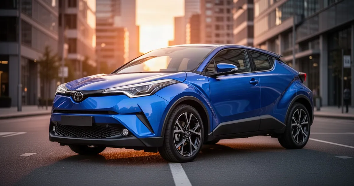 Nowoczesna Toyota C-HR o ostrych liniach nadwozia zaparkowana na miejskiej ulicy w świetle zachodzącego słońca.