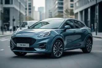 Srebrny Ford Puma zaparkowany na nowoczesnej ulicy miasta w świetle dziennym, widok z góry.