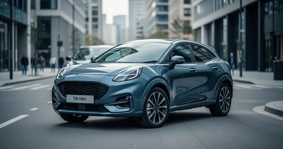 Srebrny Ford Puma zaparkowany na nowoczesnej ulicy miasta w świetle dziennym, widok z góry.
