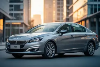 Elegancki Peugeot 408 zaparkowany na nowoczesnej ulicy w blasku zachodzącego słońca.