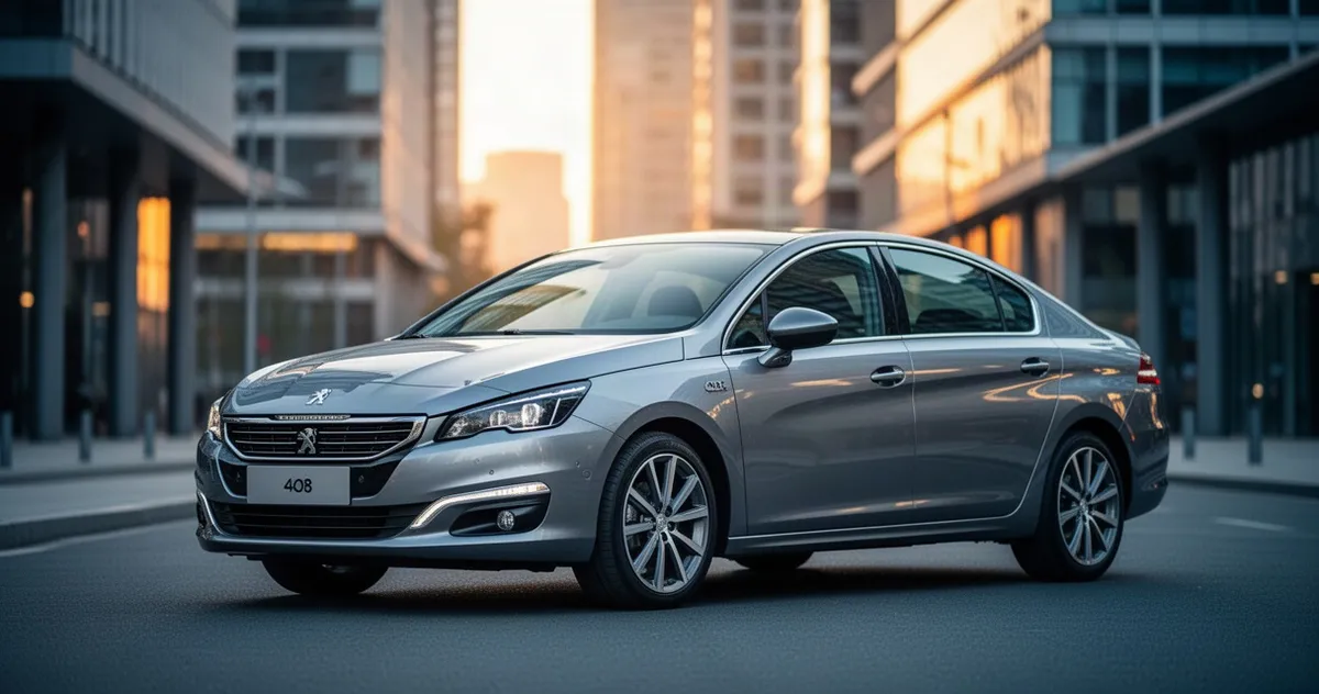 Elegancki Peugeot 408 zaparkowany na nowoczesnej ulicy w blasku zachodzącego słońca.