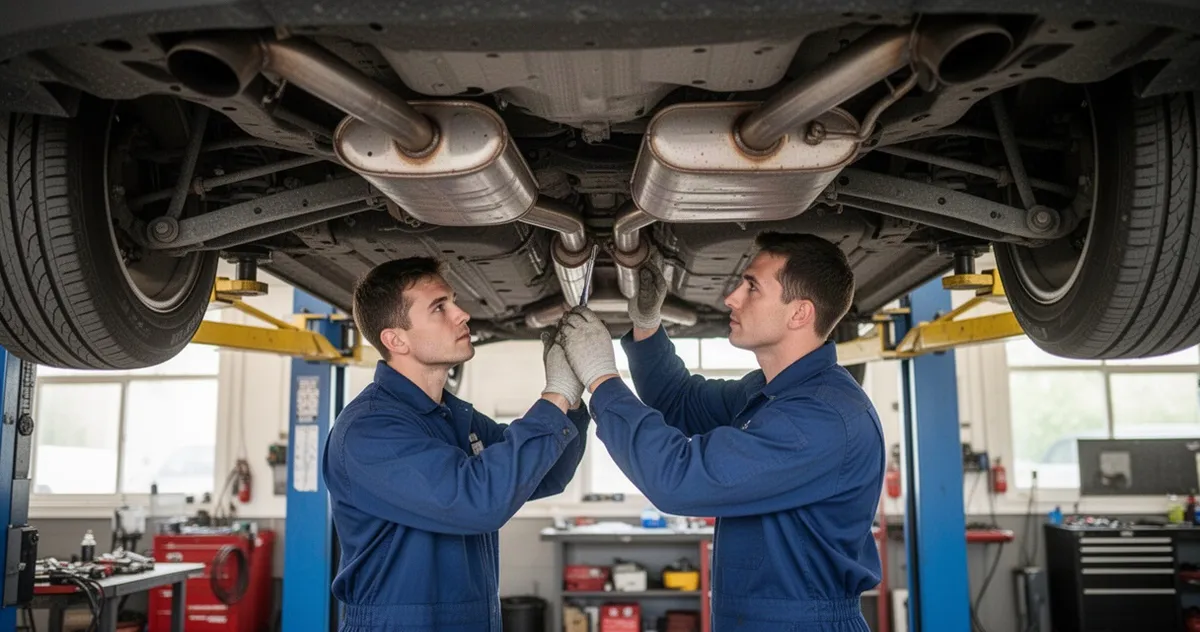 Mechanik sprawdzający układ wydechowy samochodu na podnośniku