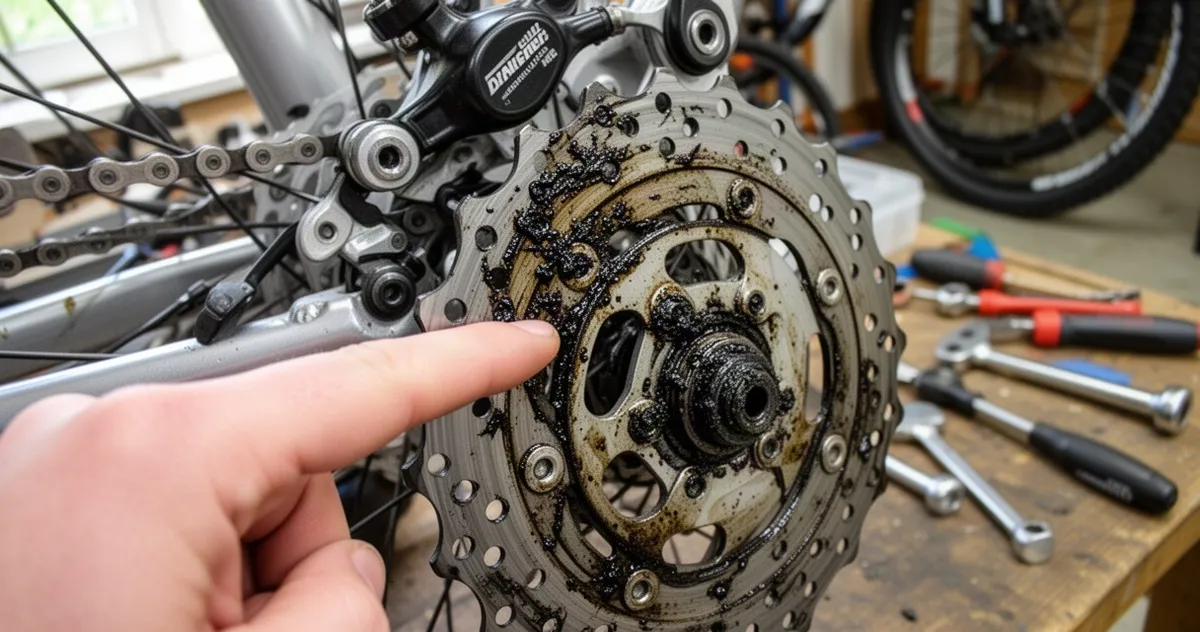 Zanieczyszczona tarcza hamulcowa roweru